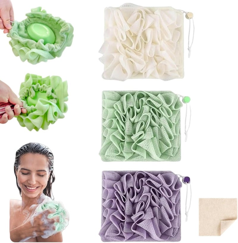 MOSYFEIBI Washcloth Loofah Combo 2-in-1 Loufee Wash Cloth That Holds Bar Soap-Exfoliation Mesh Shower Ball for Body Wash&Smooth Skin+Free Loofah Dish Towel - Image 1